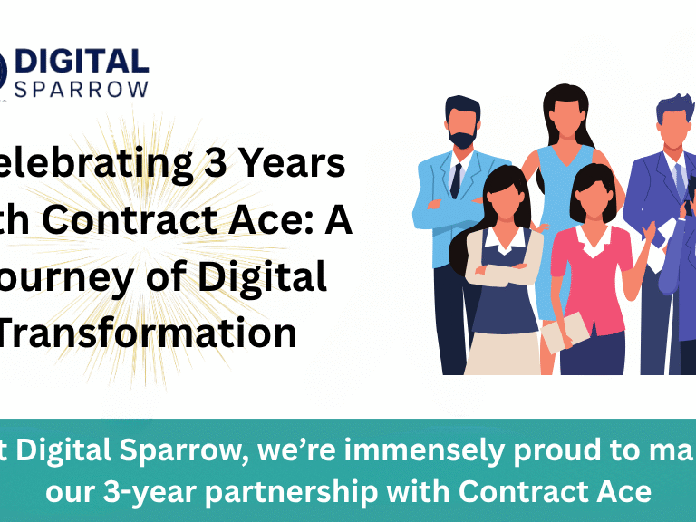 Celebratory graphic featuring the Digital Sparrow logo, a diverse team of professionals, and the text 'Celebrating 3 Years with Contract Ace: A Journey of Digital Transformation,' with a message highlighting the 3-year partnership between Digital Sparrow and Contract Ace.
