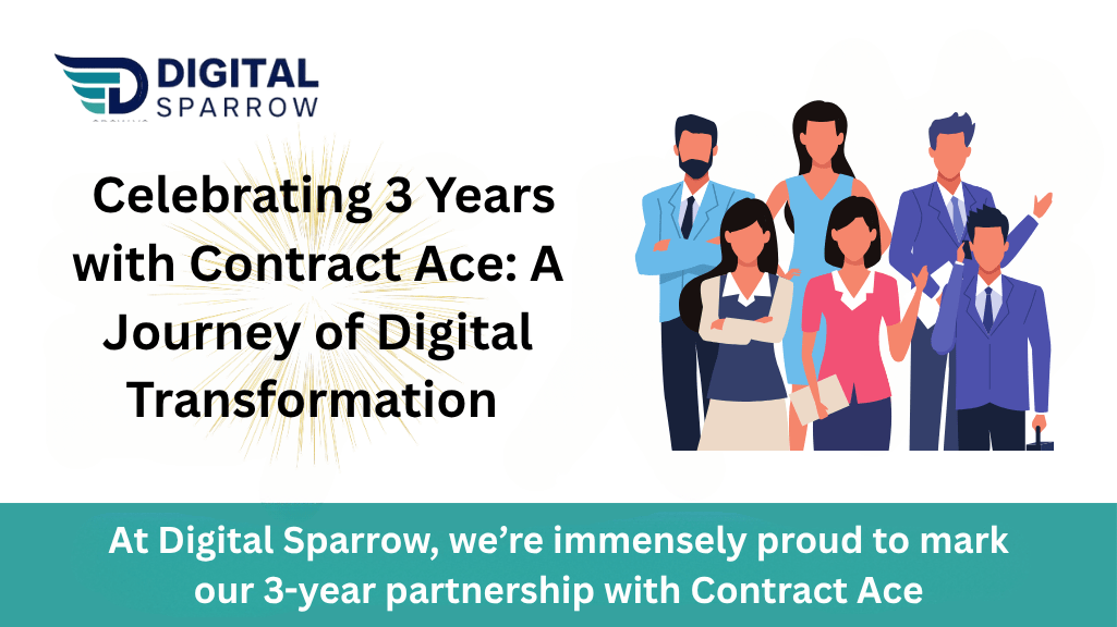 Celebratory graphic featuring the Digital Sparrow logo, a diverse team of professionals, and the text 'Celebrating 3 Years with Contract Ace: A Journey of Digital Transformation,' with a message highlighting the 3-year partnership between Digital Sparrow and Contract Ace.