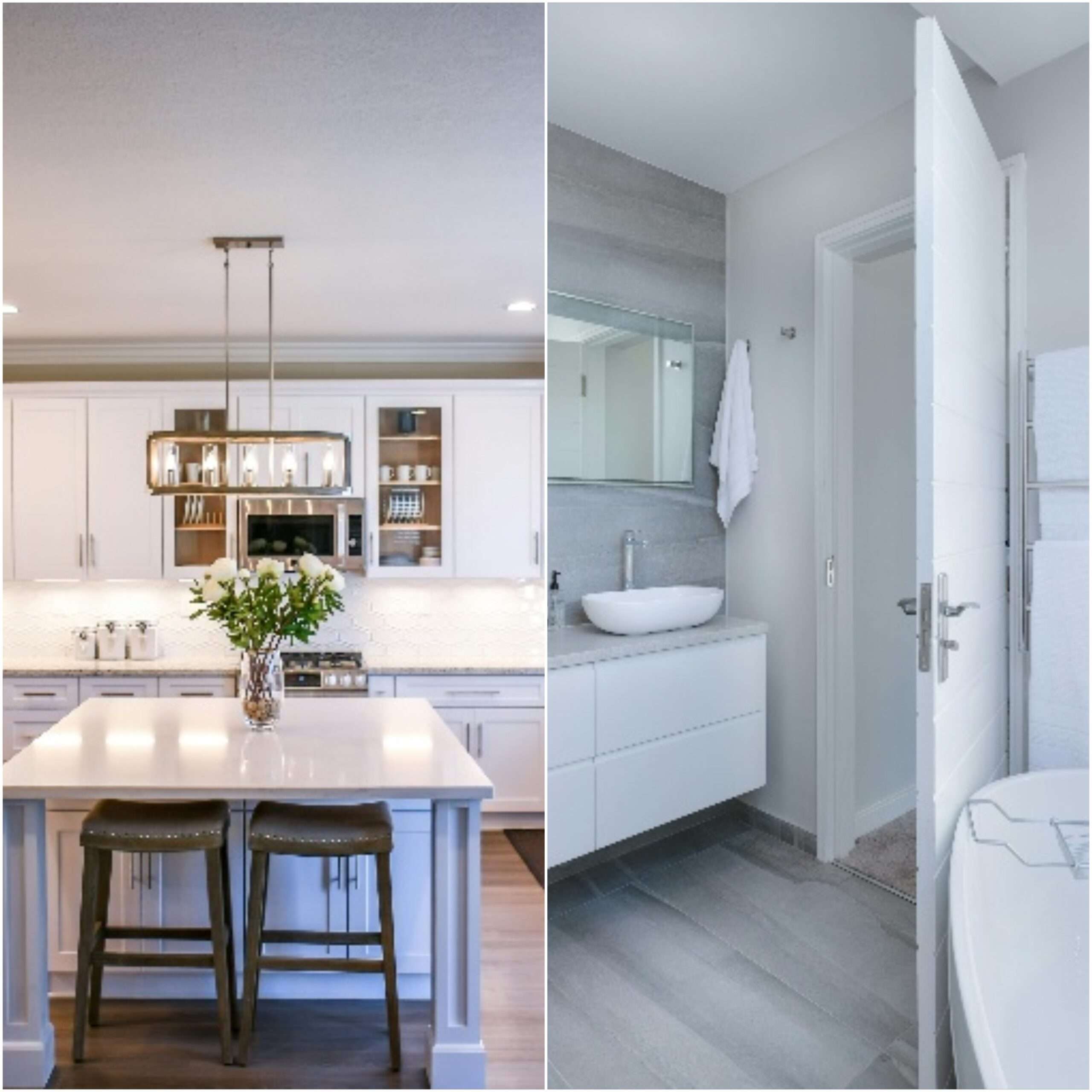 Side-by-side images of modern home interiors. The left image shows a stylish kitchen with white cabinetry, a central island with two stools, elegant lighting, and a vase of fresh flowers. The right image features a contemporary bathroom with a floating vanity, vessel sink, large mirror, white towel, and sleek grey tile flooring, creating a clean and minimalist look.