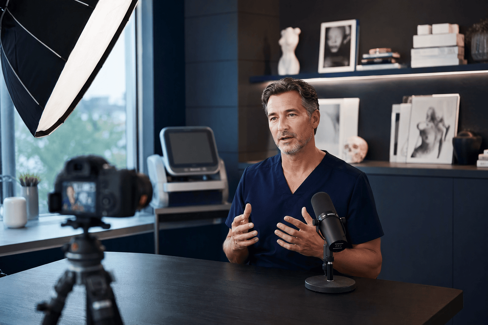 Aesthetic doctor preparing educational content in a clinical consultation room