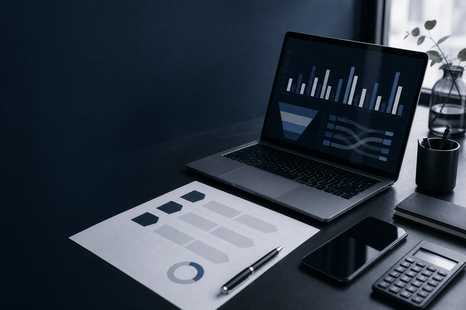 A clinic marketing measurement desk with an abstract analytics display and audit materials