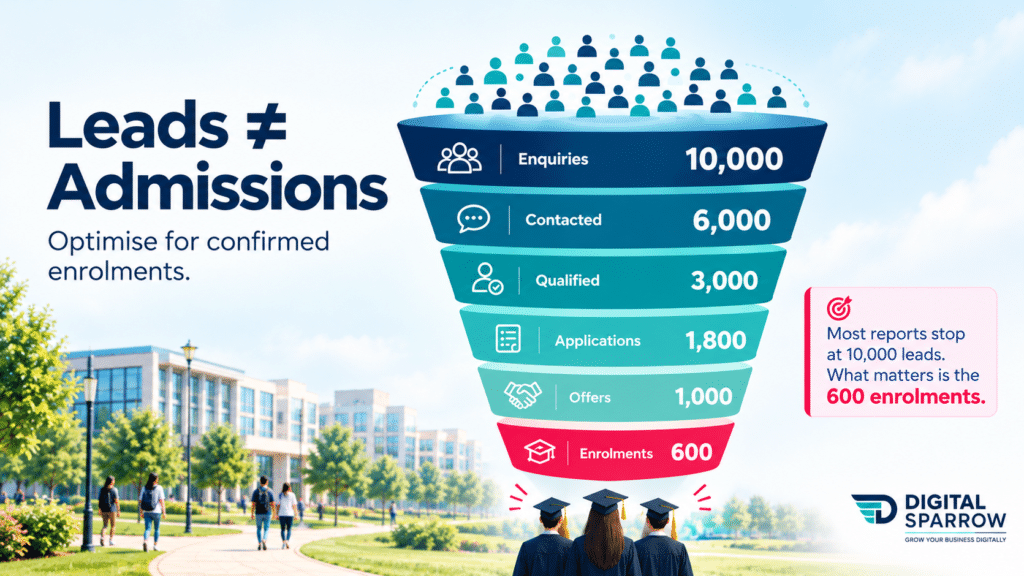 Illustration of a university admissions funnel narrowing from thousands of enquiries to confirmed student enrolments