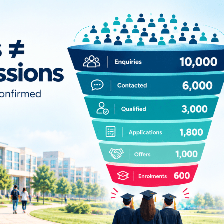 Illustration of a university admissions funnel narrowing from thousands of enquiries to confirmed student enrolments